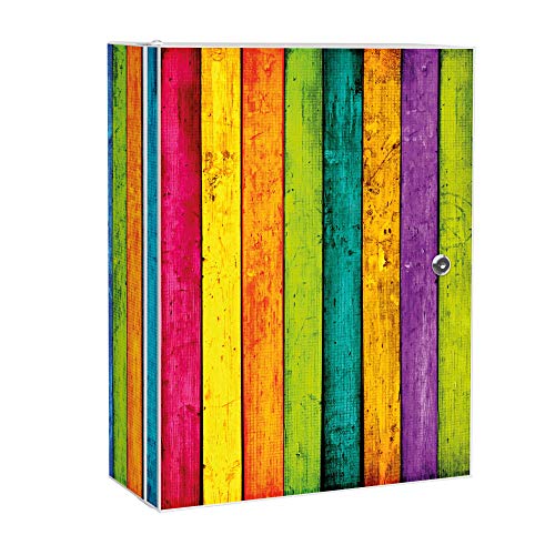 banjado Medizinschrank abschliessbar mit Motiv Bunte Holzlatten 35x46x15cm - großer Arzneischrank für die Hausaphotheke - Medikamentenschrank aus Metall zur Medikamenten Aufbewahrung von banjado
