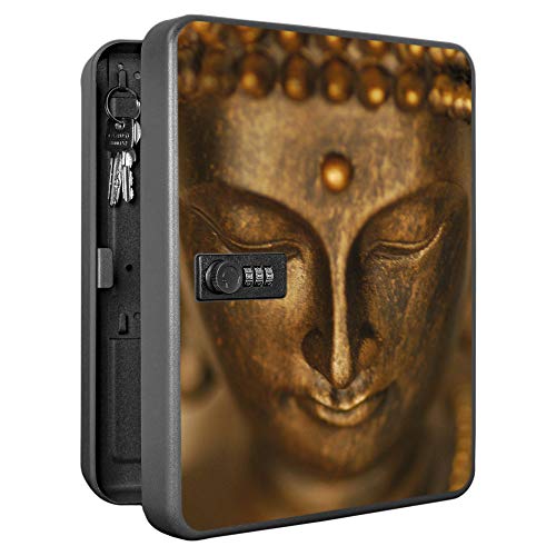 banjado® Burg-Wächter® abschließbarer Schlüsselkasten mit Motiv Buddha Gold für 36 Schlüssel - Schlüsselkasten mit Zahlenschloss 24x30x8 cm groß - Schlüsselschrank aus Stahlblech schwarz von banjado