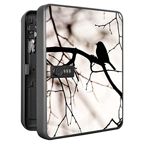 banjado Burg-Wächter abschließbarer Schlüsselkasten für 36 Schlüssel/Schlüsselkasten mit Zahlenschloss 24x30x8cm groß/Schlüsselschrank aus Stahlblech schwarz/Motiv Früher Vogel von banjado