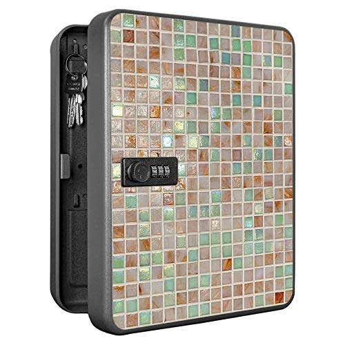 banjado Burg-Wächter abschließbarer Schlüsselkasten für 36 Schlüssel/Schlüsselkasten mit Zahlenschloss 24x30x8cm groß/Schlüsselschrank aus Stahlblech schwarz/Motiv Grüne Fliesen von banjado