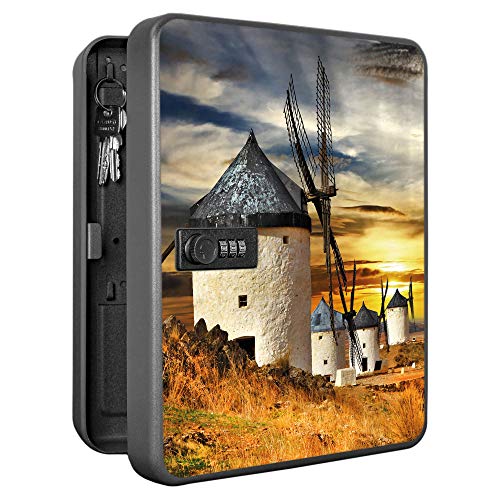 banjado Burg-Wächter abschließbarer Schlüsselkasten für 36 Schlüssel/Schlüsselkasten mit Zahlenschloss 24x30x8cm groß/Schlüsselschrank aus Stahlblech schwarz/Motiv Spanische Windmühlen von banjado