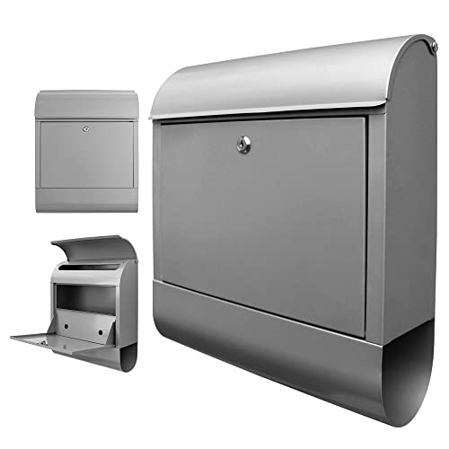 banjado® Design Briefkasten 39x47x14cm & 2 Schlüssel - Briefkasten Stahl silber mit Zeitungsfach pulverbeschichtet - Postkasten A4 Einwurf inkl. Montagematerial von banjado