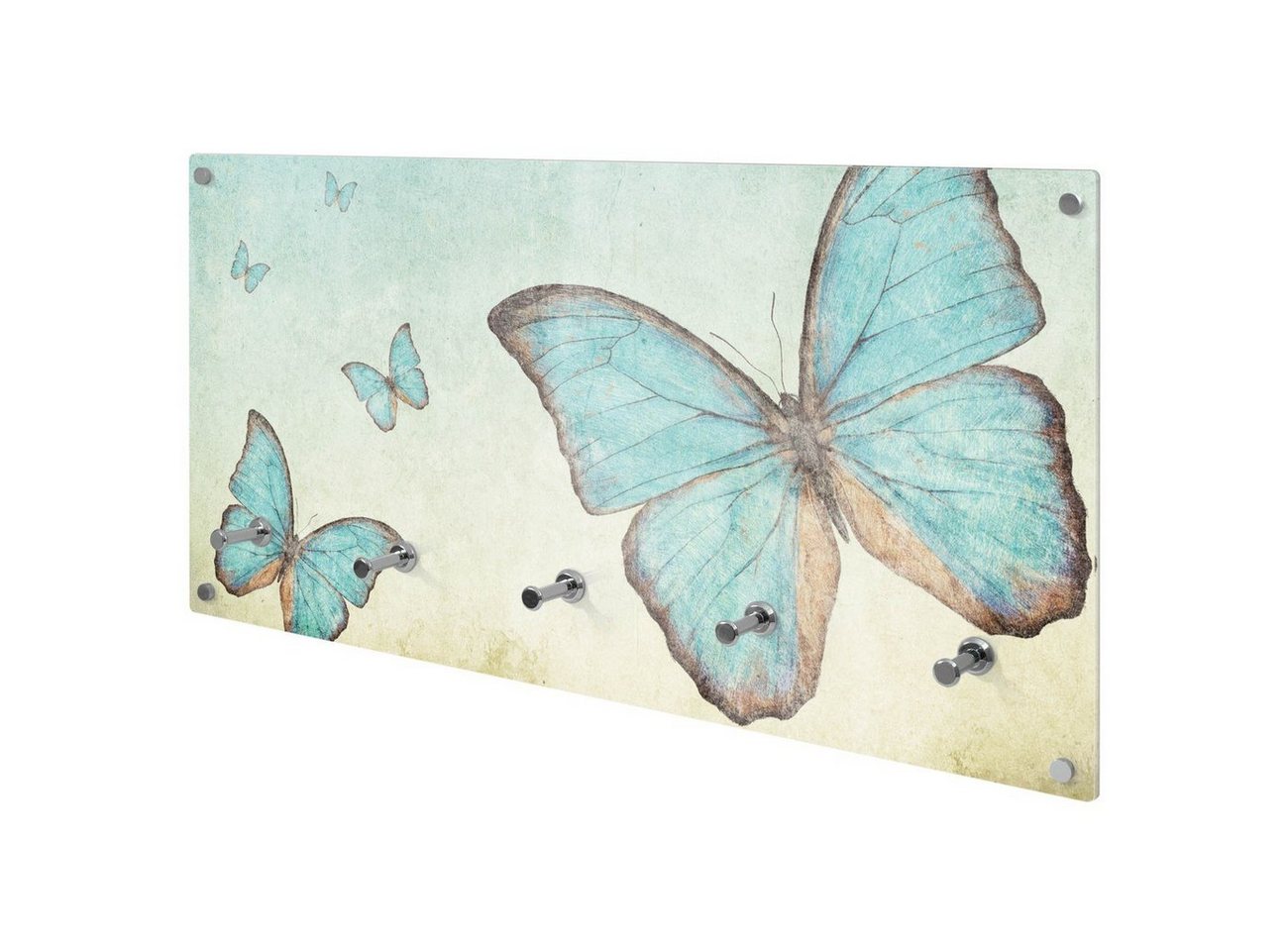 banjado Garderobenleiste Glas Blaue Schmetterlinge (Wandgarderobe, mit verchromten Haken), inkl. Montagematerial von banjado