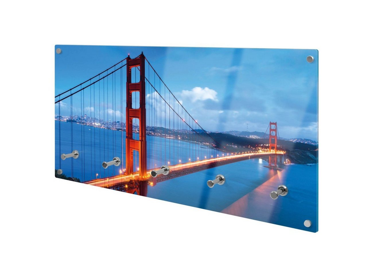 banjado Garderobenleiste Glas Golden Gate Bridge (Wandgarderobe, mit verchromten Haken), inkl. Montagematerial von banjado