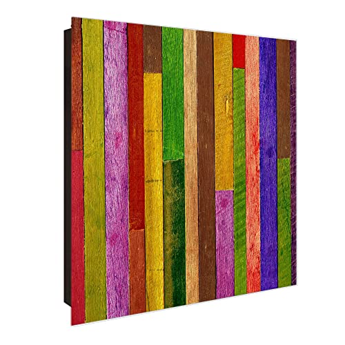 banjado® Großer Schlüsselkasten Glas/Schlüsselbox 30cm x 30cm mit 50 Haken - Motiv Holz Collage Bunt/Schlüsselkasten modern für Schlüsselaufbewahrung mit beschreibbarer, magnetischer Glastür von banjado