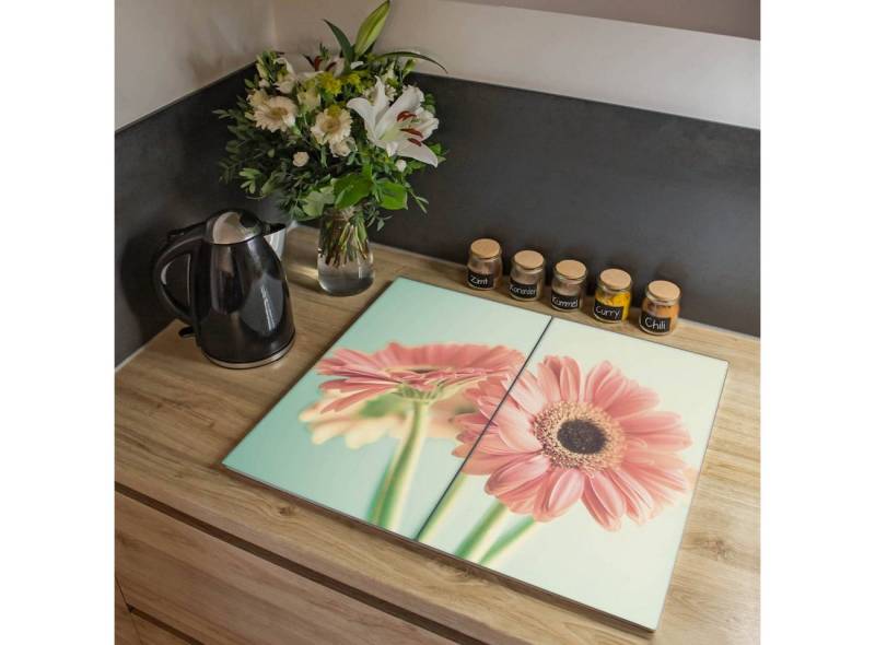 banjado Herd-Abdeckplatte Glas Fünf Gerbera, (gehärtet, 2 tlg., inkl. selbstklebende Gummifüßchen) von banjado