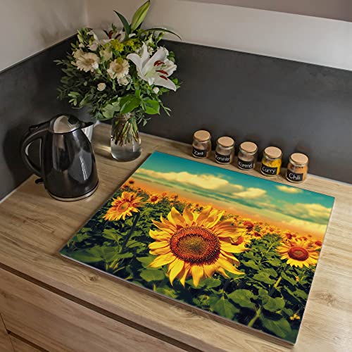 banjado® Herdabdeckplatte Glas 1-teilig 60x52 cm/Schneidebrett Herdabdeckung mit Motiv Sonnenblumen/Herdabdeckplatten Ceranfeld 1teilig / Schneidebrett Glas individuell einsetzbar von banjado