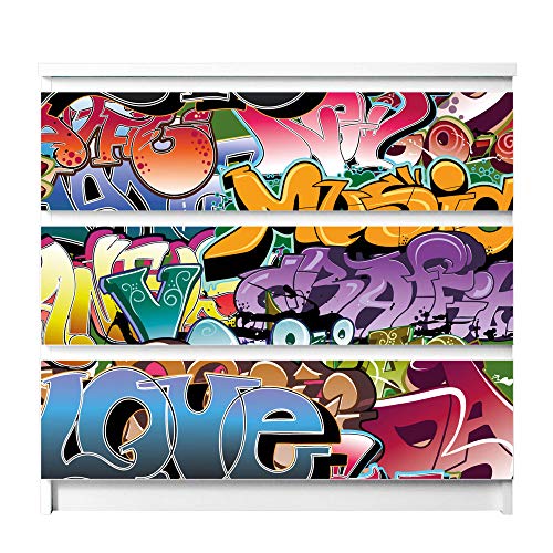 banjado® Möbelfolie selbstklebend für die IKEA Malm Kommode 3 Schubladen - Schrankfolien selbstklebend mit Motiv Graffiti/Möbelfolie Malm für Kinder von banjado