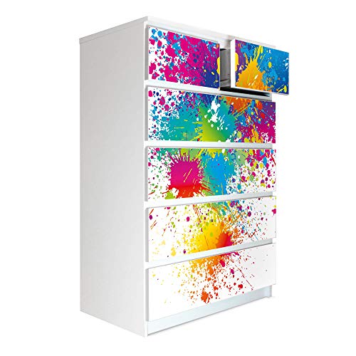 banjado® Möbelfolie selbstklebend für die IKEA Malm Kommode 6 Schubladen - Schrankfolien selbstklebend mit Motiv Farbspritzer/Möbelfolie Malm für Kinder von banjado