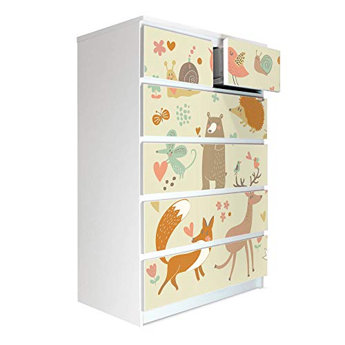 banjado® Möbelfolie selbstklebend für die IKEA Malm Kommode 6 Schubladen - Schrankfolien selbstklebend mit Motiv Waldtiere/Möbelfolie Malm für Kinder von banjado