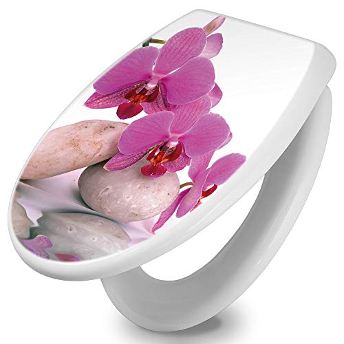 banjado® Toilettendeckel mit Absenkautomatik 44x37cm mit Motiv Orchidee - WC Brille Soft Close - hygienischer Toilettendeckel/Klodeckel Duroplast mit Edelstahl Scharnieren - einfache Montage von banjado