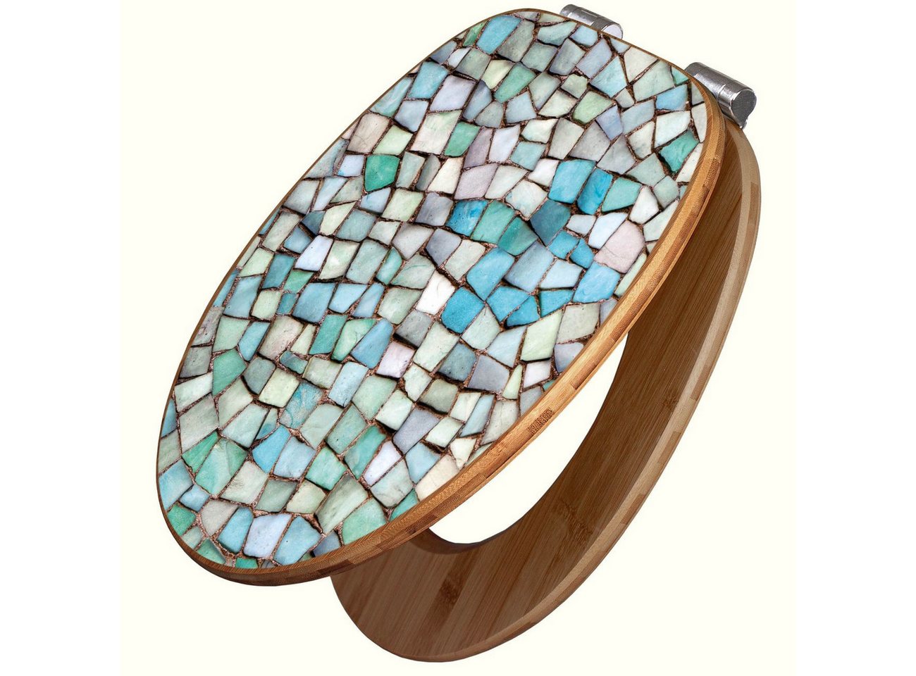 banjado WC-Sitz aus Bambus Motiv Mosaik Blau (umweltfreundliches Material, integrierte Absenkautomatik), 45,8 x 37,5 x 5 cm von banjado
