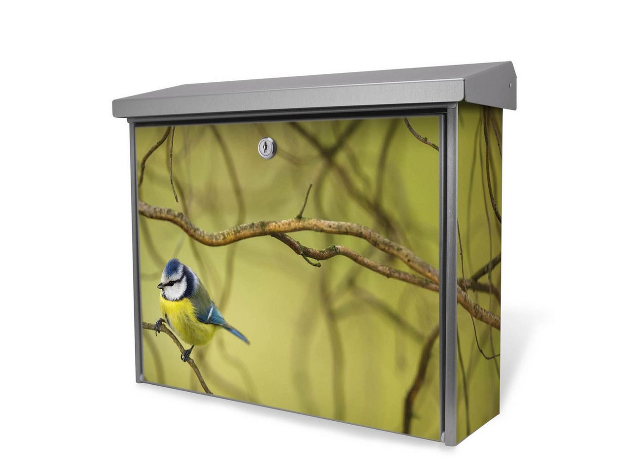 banjado Wandbriefkasten Edelstahl Blaumeise im Baum (Wandbriefkasten, ohne Zeitungsfach), 31,5 x 38 x 12 cm von banjado