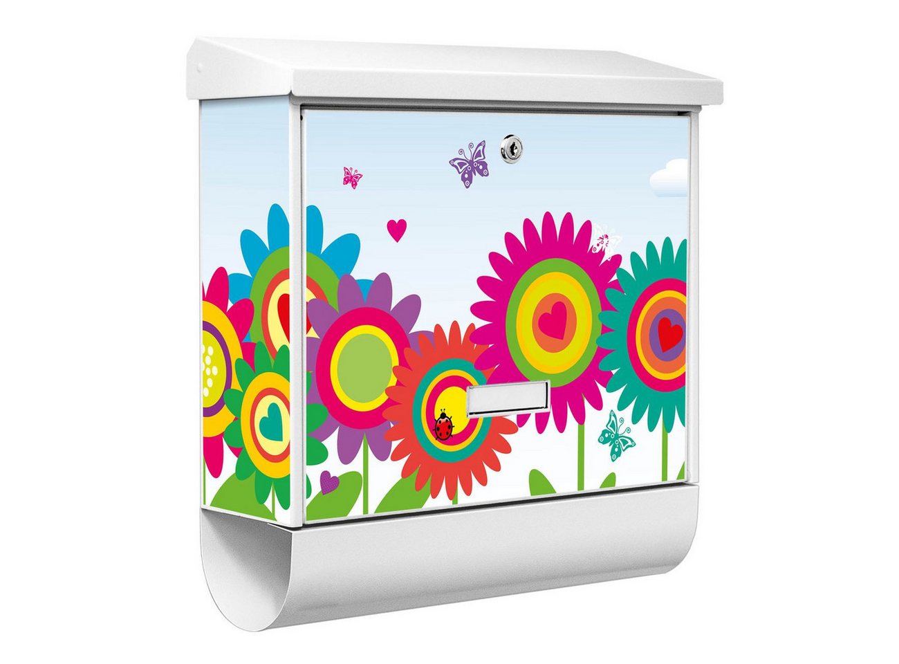 banjado Wandbriefkasten Stahl Bunte Blumen (Wandbriefkasten UV- / Witterungsbeständig, weiß pulverbeschichtetes Stahlblech), 38 x 39 x 12cm von banjado