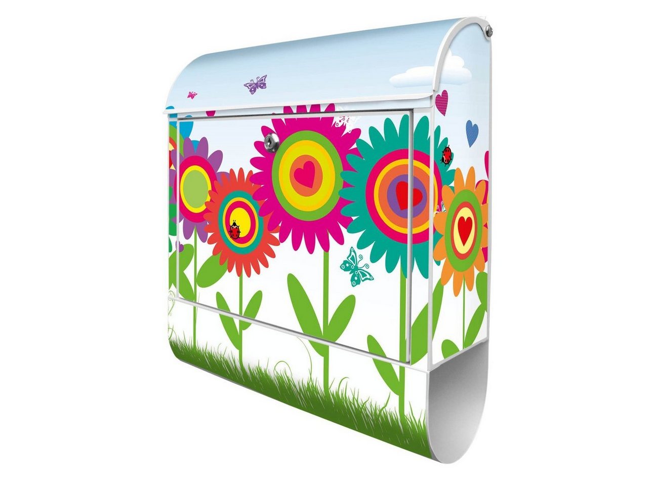 banjado Wandbriefkasten Stahl Bunte Blumen (Wandbriefkasten witterungsbeständig, pulverbeschichtet, mit Zeitungsfach), 39 x 47 x 14cm von banjado