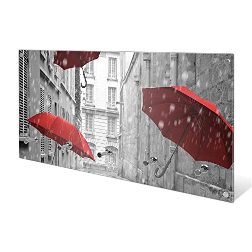 banjado Wandgarderobe aus Echtglas | Design Garderobe 80x40x6cm groß | Paneel mit 5 Haken | Flurgarderobe für Jacken und Mäntel | Garderobenleiste mit Motiv Rote Schirme von banjado