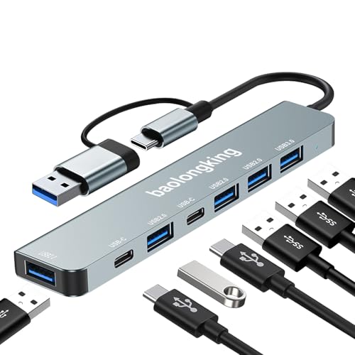 17.8 cm-1 HUB Adapter, USB C Hub mit 2USB-C Datenanschlüssen, USB3.0 & 4USB2.0, tragbarer USB C Multiport Adapter, für Tablet, Laptop, PS5/PS4, Switch, Drucker, USB Lüfter, Flash Drive (7 in 1 Grau) von baolongking