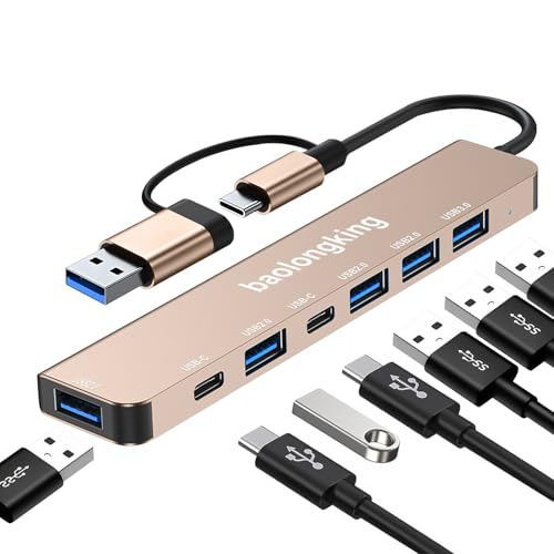 17.8 cm-1 HUB Adapter, USB C Hub mit 2USB-C Datenanschlüssen, USB3.0 & 4USB2.0, tragbarer USB C Multiport Adapter, für Tablet, Laptop, PS5/PS4, Switch, Drucker, USB Lüfter, Flash Drive (7 in 1 Gold) von baolongking