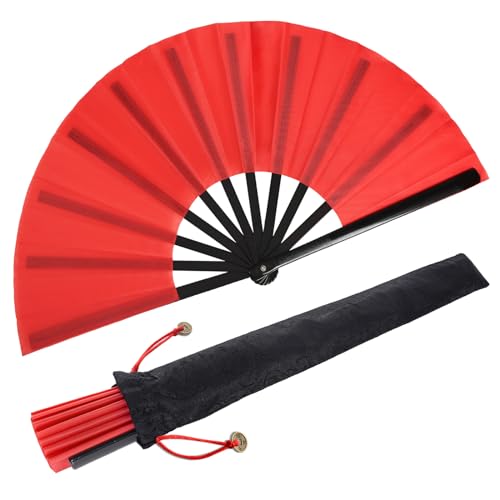 2 Stück Große Faltbare Seide Hand Fächer Chinesischer Tai Chi Faltender Handfächer Nylon Tuch Chinesischer Kung Fu Fan mit Halter Ärmel für Performance Tanz Dekorationen Festival (Rot) von baotongle