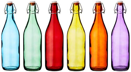Bunte Glasflaschen mit Bügelverschluss, 1 l, Set mit 6 Stück, Rot, Blau, Orange, Grün, Gelb, Lila von bar@drinkstuff