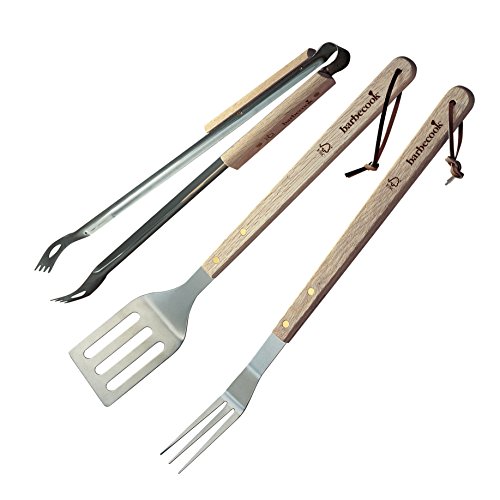 Barbecook Grillbesteck Set mit Grillgut-Wender, Grillgabel und Grillzange aus rostfreiem Edelstahl und mit Griff aus Birkenholz von barbecook