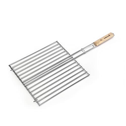 barbecook Klappbares Grillgitter aus verchromtem Edelstahl mit hochwertigem Griff aus nachhaltigem Holz zum beidseitigen Grillen von Fleisch, Fisch und anderem Grillgut, 72.0x1.0x34.0 cm von barbecook