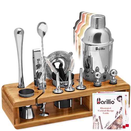 Barillio Elite Mixology Barkeeper-Set, Cocktail-Shaker, Mixer-Set mit Bar-Werkzeug, schlankem Bambus-Ständer, Samt-Tragetasche und Rezeptbroschüre von barillio