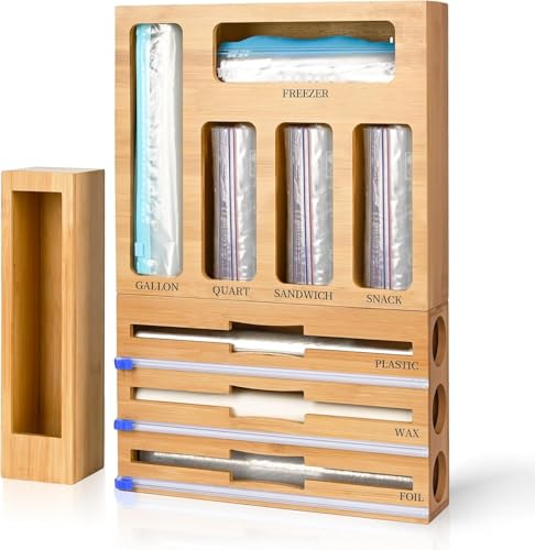 Organizer aus Bambusfolie und Kunststoff mit Schneider, Druckverschlussbeutel mit Cutter für Küchenschublade, Spender kompatibel mit Gallonen-, Viertel-, Sandwich- und Snackbeuteln in verschiedenen von basohallrd