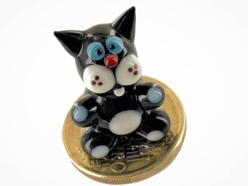 basticks Katze Schwarz mit blauen Knopfaugen - Miniatur Figur aus Glas - Deko Setzkasten Vitrine Glücksbringer von basticks