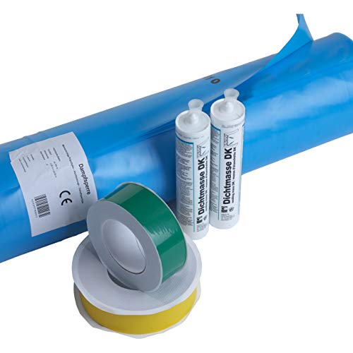 50m² Dampfsperrsystem 5 tlg.- 2x Dampfsperr- Klebeband, 2x Klebedichtmasse, 1x Dampfsperrfolie 2m x 25m Dampfsperrfolie Dachabdichtung Dampfsperre Dampfbremse Dachfolie Dach abdichten Set Abdichtset von bauFIT