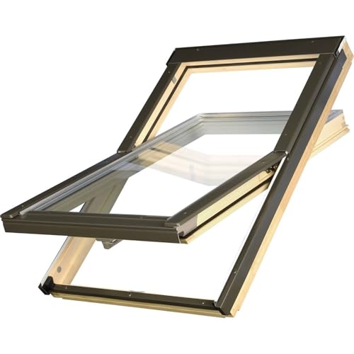 FAKRO Konzern Dachfenster 66 x 118 cm Holz Schwingfenster 2/3 fach Verglasung, energieeffizient & langlebig inkl. Eindeckrahmen Ziegel, Ebene Ziegel, Biberschwanz (bis 45mm) von baubay
