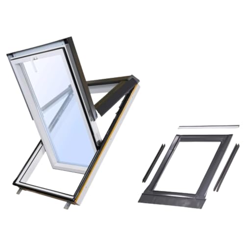 78 x 118 cm SkyLight Kunststoff-Dachfenster mit Eindeckrahmen, Uw 1,4 / Ug 1,0, 3 Öffnungsfunktionen, feuchtigkeitsbeständig, inkl. Dämm- & Anschluss-Set – verschiedene Größen von baubay