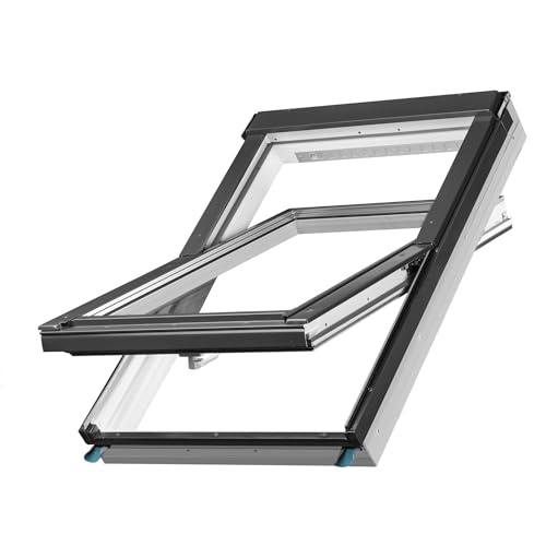 BAUBAY 66x118 cm Dachfenster aus Kunststoff PVC | Fenster mit 3-fach Verglasung und regulierbarem Lüfter | inkl. Eind. für Ziegel, Ebene Ziegel, Biberschwanz (bis 45 mm) + Dämm- und Anschluss-Set von baubay