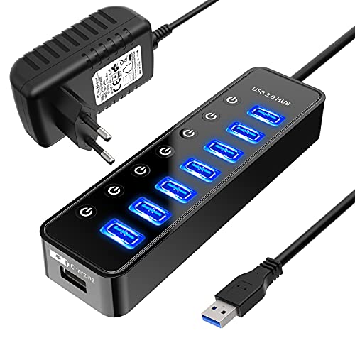 USB 3.0 Hub Netzteil, 7 Ports USB 3.0 Hub Datenübertragung, 1 intelligenter Ladeanschluss, mit Schalter und Netzteil 20 W (5 V/4 A) von bauihr