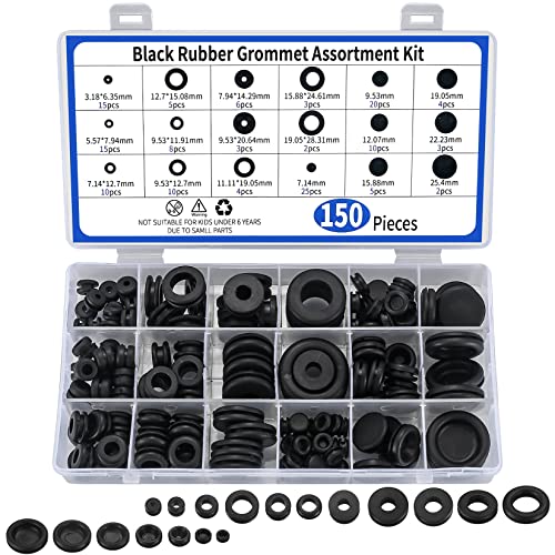 150 Stk Gummi Kabeldurchführung, Gummi Tüllen Sortiment Kit, Gummitüllen, Gummistopfen, Elektrischer Leiter Dichtungsring Kabeltülle, für Draht, Stecker, Kabel - 18 Größen, Schwarze von bayidun