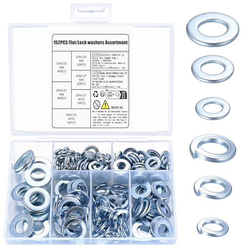 152 Stück M6 M8 M10 Unterlegscheiben Set: 76 STK DIN 127 Federring Form B & 76 STK Flach Unterlegscheiben DIN 125, Federscheibe Sprengring Federspaltringe, Metall Sicherungsscheiben von bayidun