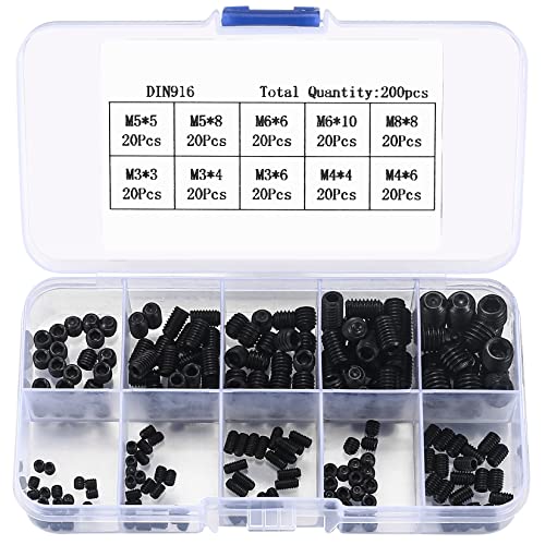 200 Stk Madenschrauben Sortiment Set, Gewindestifte Schrauben, Sechskantkopf Inbusschraube, Hex Grub Kopf Maschinenschraube Schraube Befestigungsteile Kits, M3/M4/M5M6/M8 von bayidun