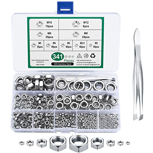 341 Stück Sechskantmuttern Sortiment Set, Selbstsichernd Kontermutter Klemmmuttern, Edelstahl Schraubensicherung Sicherungsmuttern Schraubenmuttern, M2/M2,5/M3/M4/M5/M6/M8/M10/M12 von bayidun