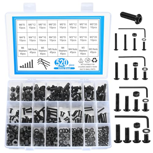 520 Stk Schrauben und Muttern Set, M3/M4/M5/M6 Innensechskantschrauben Muttern und Unterlegscheiben Sortiment Kit, Kohlenstoffstahl Gewindeschrauben Set mit Muttern und Unterlegscheiben von bayidun