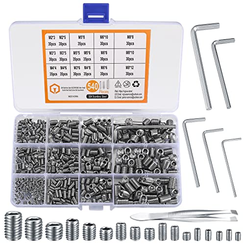 540 Stück Madenschrauben Sortiment Set, Inbuskopf Innensechskant Gewindestifte Schrauben, Sechskantkopf Inbusschrauben für Türgriffe, Leuchten, M2/M3/M4/M5/M6/M8 von bayidun