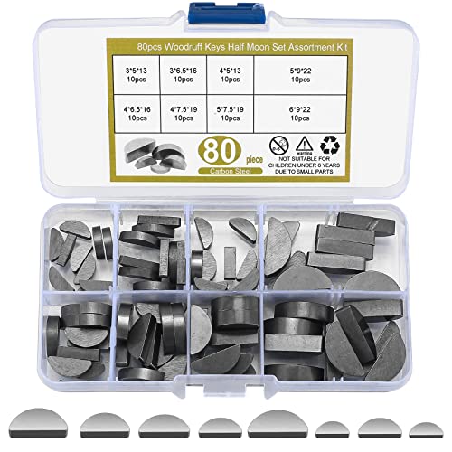 80 Stk Federkeile Sortiment, Halbmond Paßfeder Set, 3-4-5-6 mm Scheibenfeder-Sortiment-Kit, Mitnehmerkeil Satz, Schwungrad Riemenscheibe Kurbelwellen Sortiment Kit von bayidun