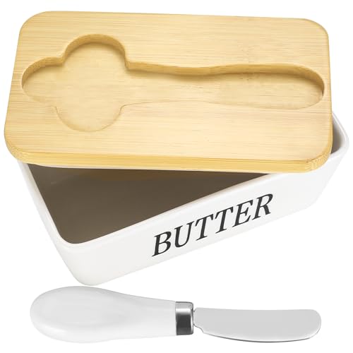 Butterdose mit Deckel und Buttermesser, Butterschale Porzellan mit Holzdeckel, Butterdose Aufbewahrung Butterbox Keramik mit Silikon Luftdicht für Haushalt Küche für 350ml Butter von bayidun