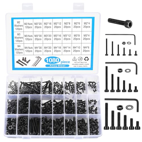 Zylinderschrauben mit Innensechskant, 1080 Stk M2 M3 M4 Kohlenstoffstahl Innensechskant Schraube mit Muttern und Unterlegscheiben, Gewindeschrauben Maschinenschrauben Sortiment Kit von bayidun
