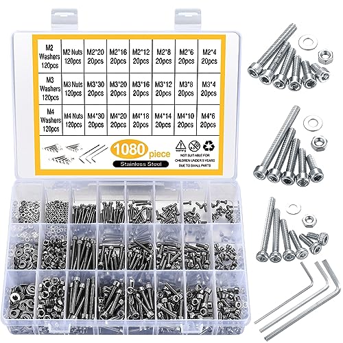 Zylinderschrauben mit Innensechskant, 1080 Stk M2 M3 M4 Edelstahl Innensechskant Schraube mit Muttern und Unterlegscheiben, Gewindeschrauben Maschinenschrauben Sortiment Kit von bayidun