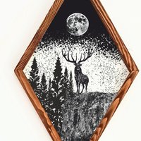 Deer Moon Holz Wandkunst, Wandkunst Hirsch, Bergspitzen, , Black Sky, Berge, Berg Natura von beARTwood