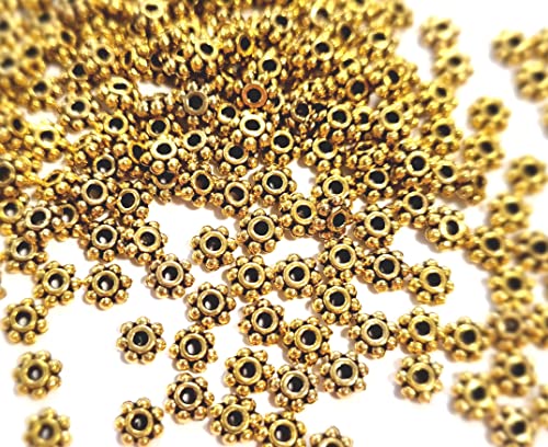 beadsvision 200 Daisy Spacer Perlen rund flach 4mm Farbwahl Blume Stern Metall Zwischenperlen (Gold #S589) von beadsvision