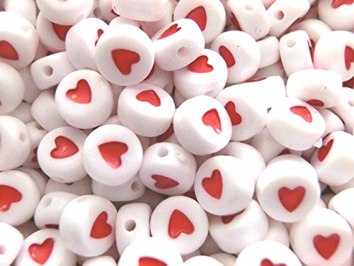 250 Herz Perlen weiß mit rotem Herz rund 7mm Acryl Spacer Bastelperlen Zwischenperlen #9 von beadsvision