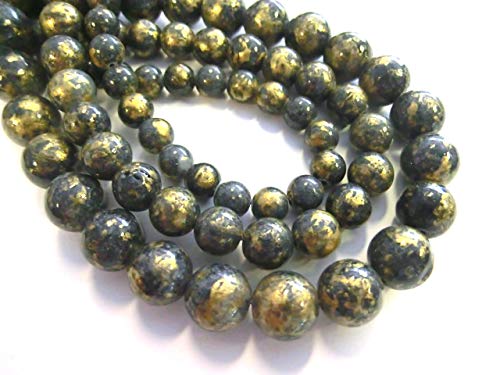 beadsvision Jade 6/8/10mm Farbe Anthrazit mit Goldschimmer Kugeln Perlen rund Schmuckperlen 1 Strang (Anthrazit Gold, 10mm) von beadsvision