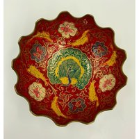 Messing Vtg Emaille Cloisonne Pfau Floral Relief Schale Überbackener Rand, 18 cm von beatriceupholsteryny