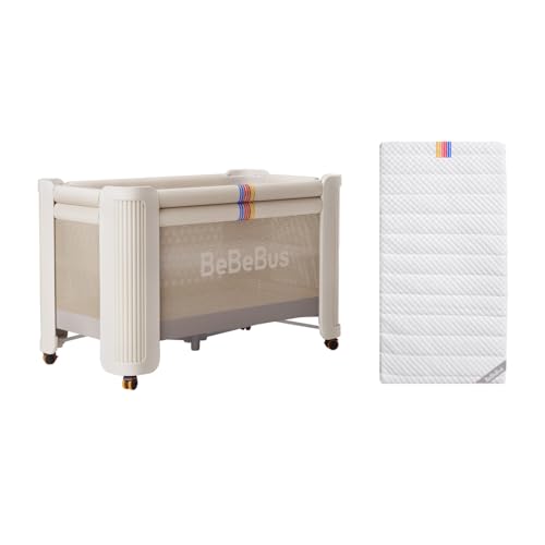 bebebus Kinderbett, Faltbar Kinderreisebett,Stoßfest & Atmungsaktiv Baby Bett, Höhenverstellbar, Tragbar, 4-Rollen-Vierrad-Lenkung， Reisebett ab Geburt bis 30 kg (Weiß Kinderbett + Matratze) von bebebus